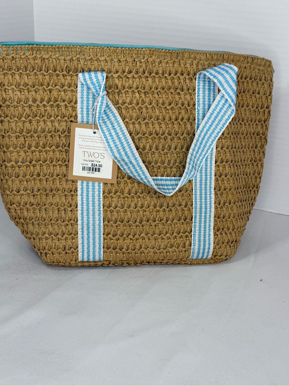 Woven Straw lunch Tote with Blue-White Striped Handles